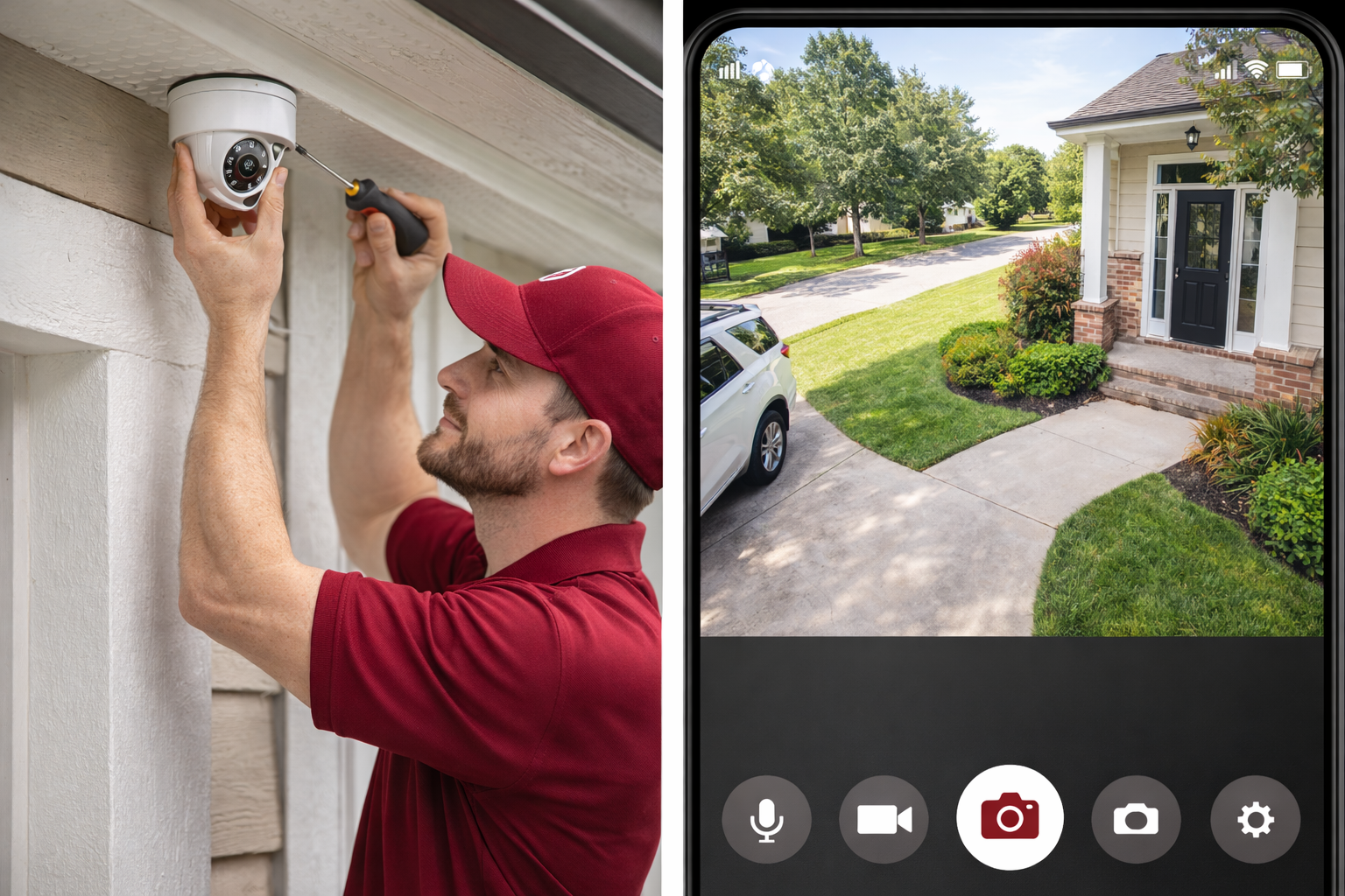 A technician installing a cctv camera and a view of the camera