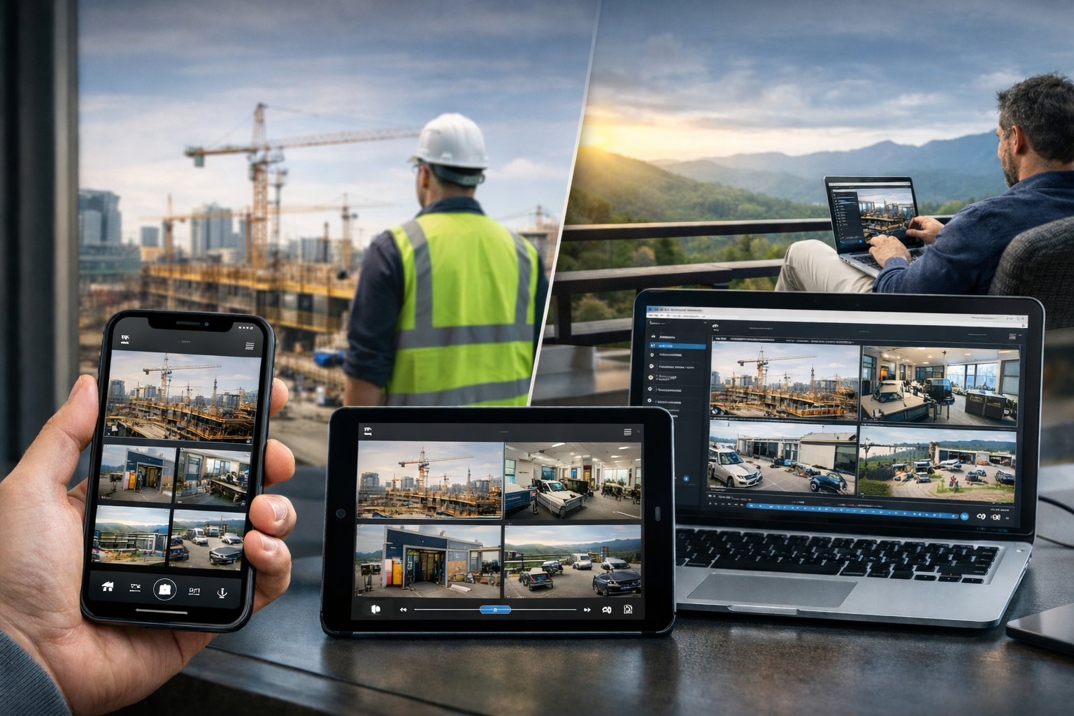 A phone tablet and laptop showing images from cameras